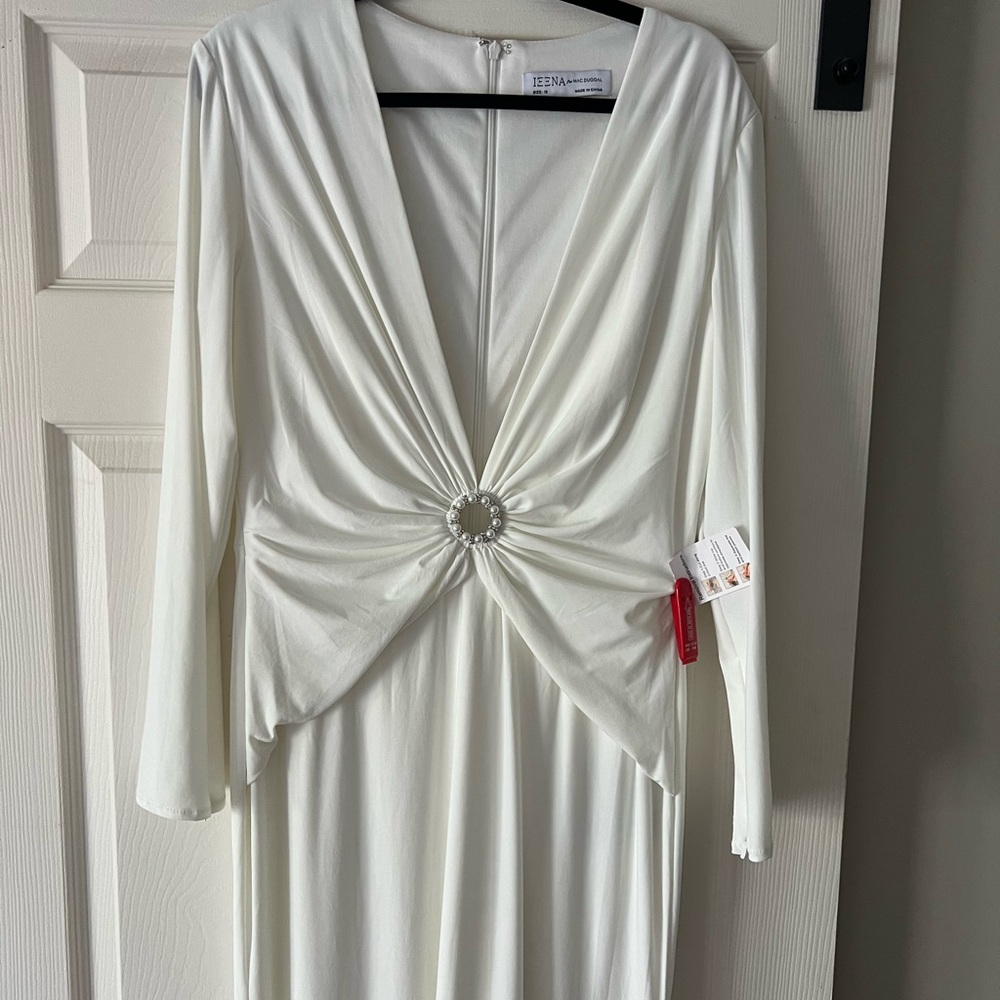 Incredible white jersey long sleeve Ieena for Mac Duggal formal gown!